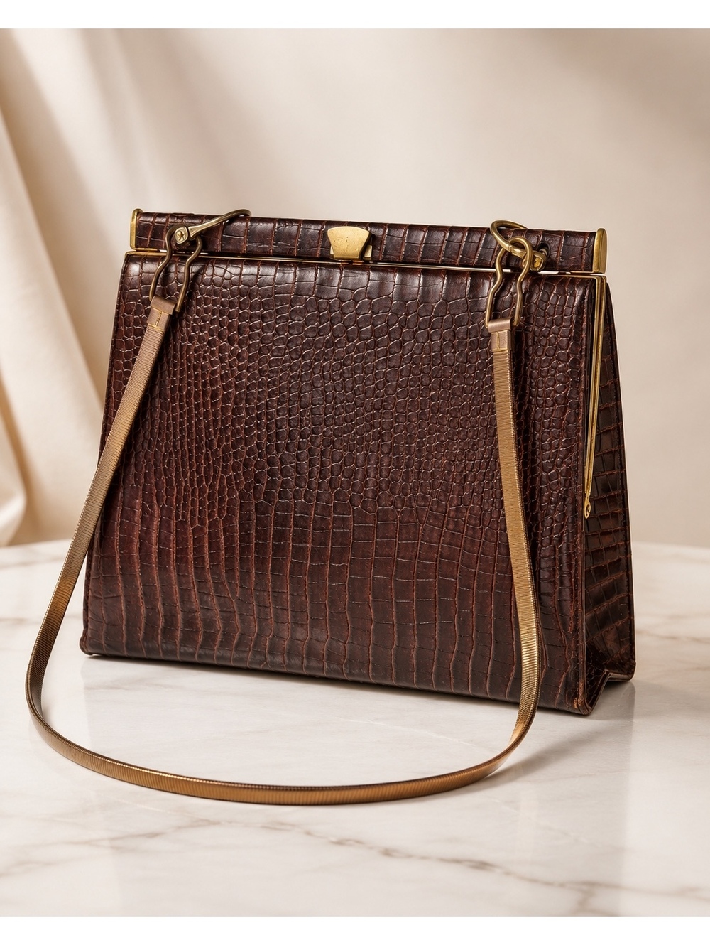 Vintage Brown Croc Embossed Frame Handbag Gold Tone Metal Strap